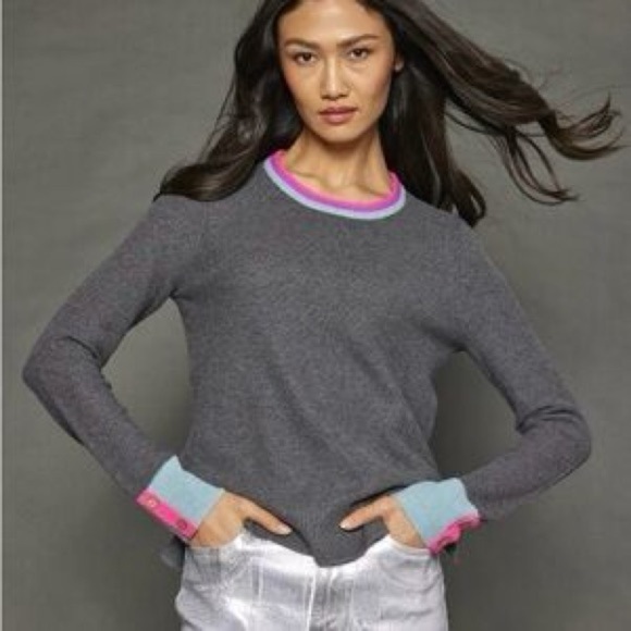 Lisa Todd Sweaters - Lisa Todd Gray Sweater Crewneck Pink Blue Trim Button Cotton Cashmere